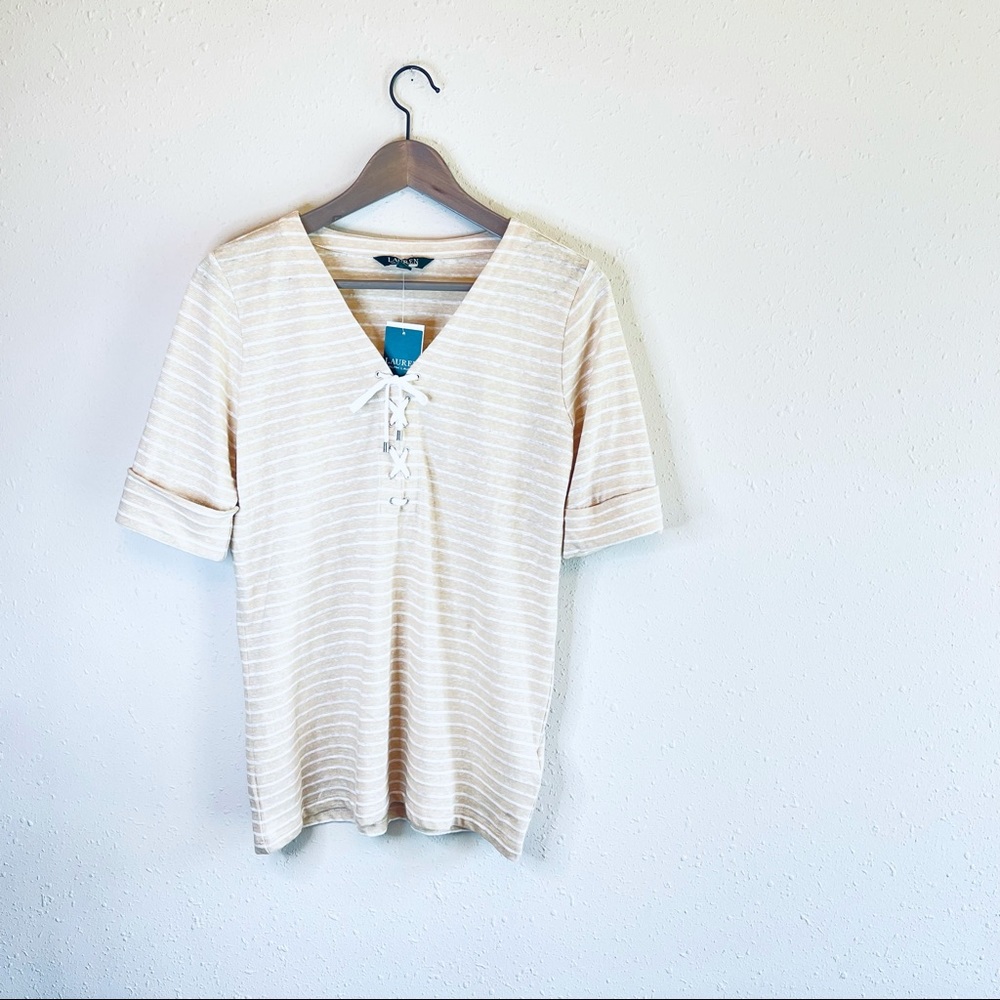 Ralph Lauren Linen Blend Beige Women’s Striped Top Size Medium NWT